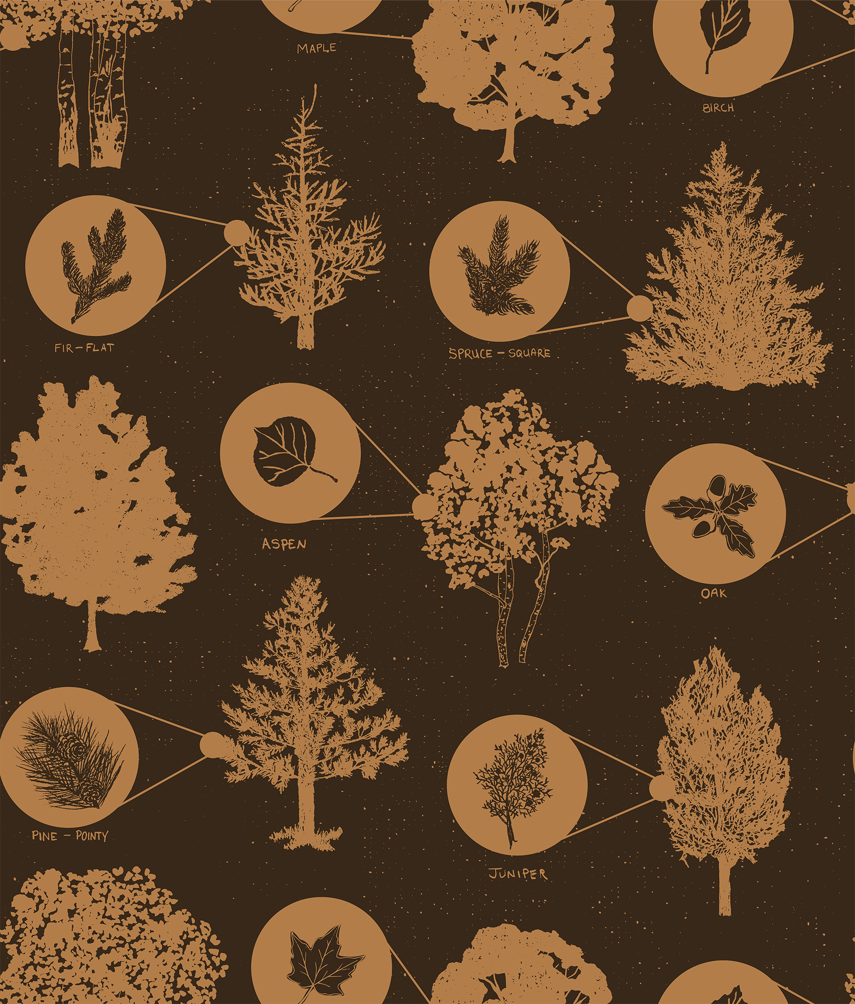 A room with white walls covered in a blue and brown nature-themed wallpaper featuring hand-drawn illustrations of trees and leaves. The room also has wooden furniture and a patterned area rug.